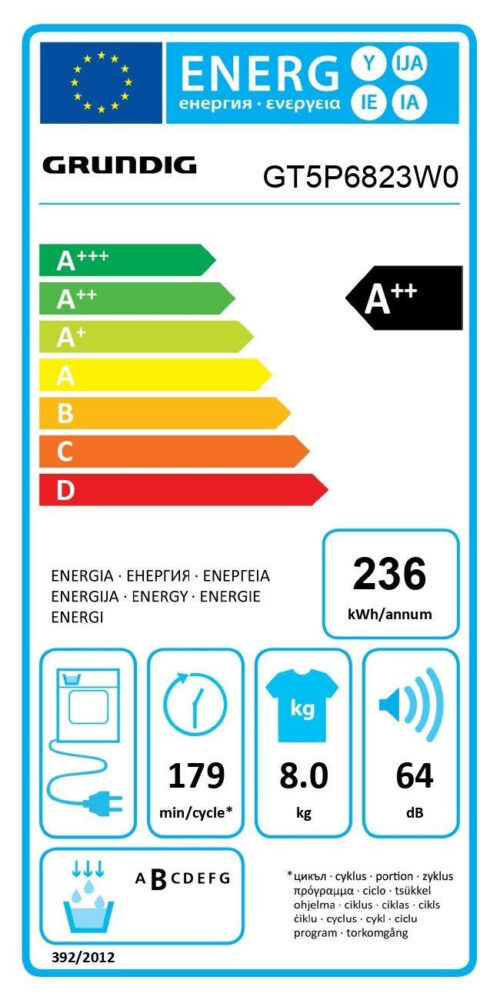 Grundig GT5P6823W0 Warmtepompdroger | 8 kg | GentleWave | Digitaal LED display | Omkeerbare deur | Energieklasse A++ - Afbeelding 7