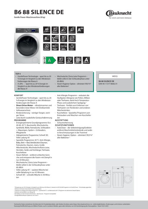 Bauknecht B6 88 SILENCE DE Wasmachine | 8 kg | 1400 tpm | Load Detect | Steam Hygiene | Stop & Add | Wit | Energielabel A - Afbeelding 11