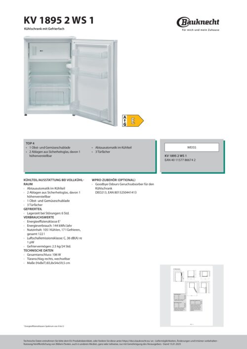 Bauknecht KV 1895 2 WS 1 Tafelmodel Koelkast met vriesvak | Vrijstaand | 85 cm | 122 L | Wit | Energielabel E - Afbeelding 6