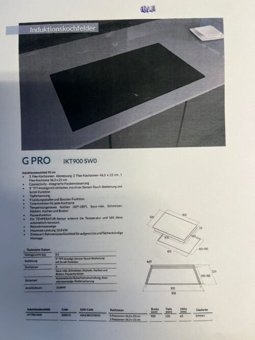 Gutmann G PRO IKT900 SW0 Inductiekookplaat | Koppelbaar met Gutmann inbouwafzuiging | 3 flexzones | 6-pits | 90 cm | Zwart Glas